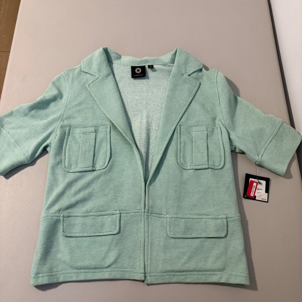 Amber Sun Mint Green Striped Short Sleeve Blazer Jacket Womens Sm. Casual Comfy